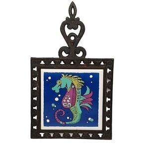 Vintage Cast Iron Framed Whimsical Seahorse Trivet Tile Ocean Fish Animal Blue